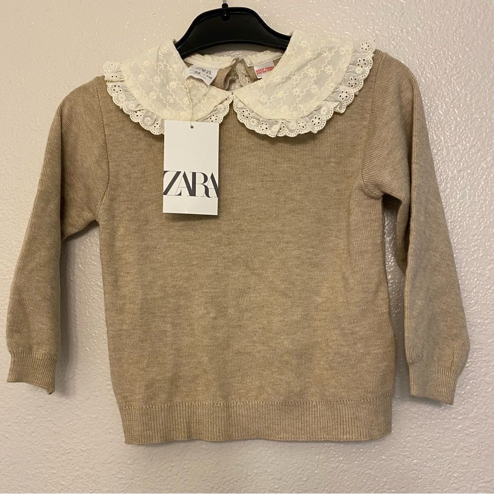 Zara crew neck tan Sweater embroidered lace collar child girls 4-5 NEW
